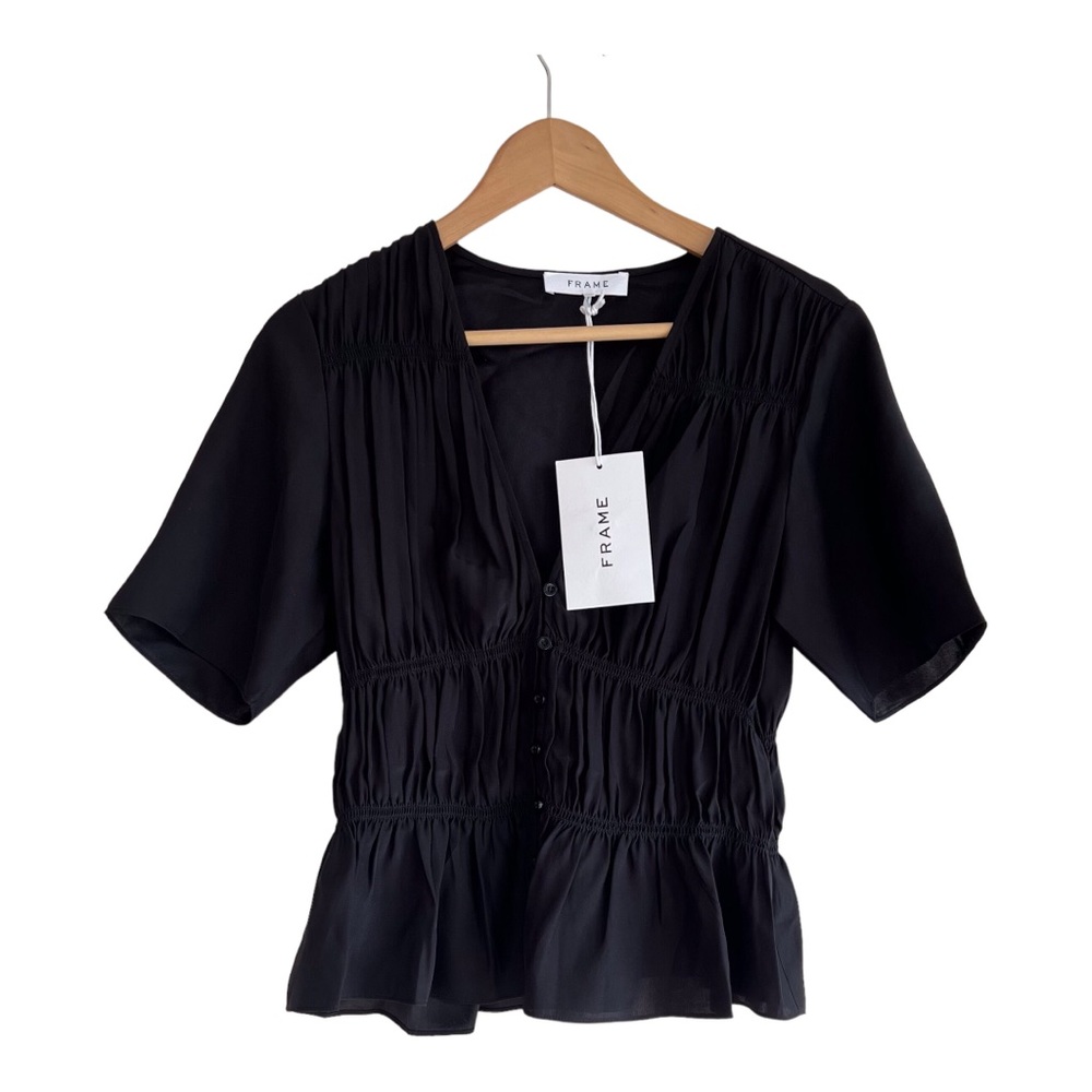 FRAME Ruched V-Neck Silk Short Sleeve Blouse - Picture 2 of 6